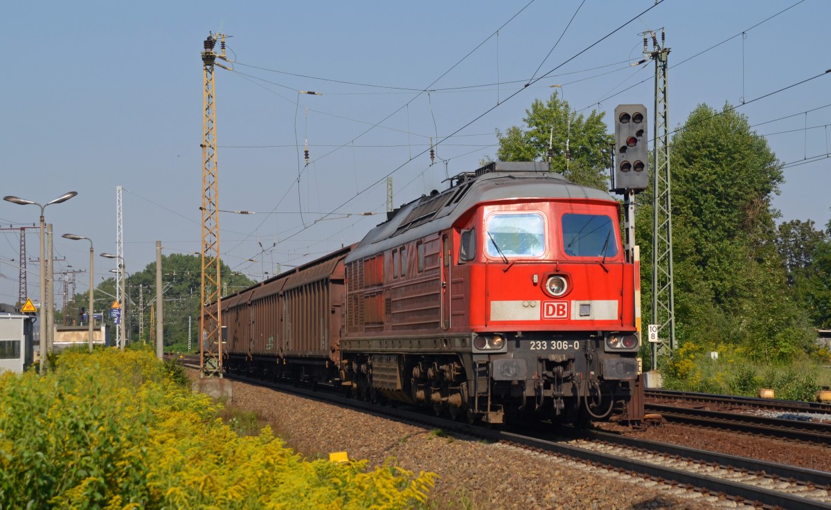 Ohne besondere Mühe erreichte 233 306 mit ihren 5 Schiebewandwagen am 22.08.15 Leipzig-Thekla und fuhr Richtung Schönefeld.