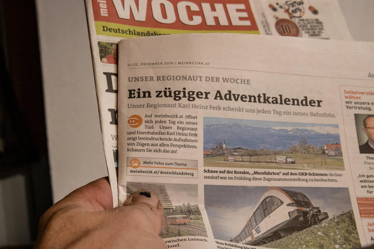 Ohne Unterbrechung konnte mein Advent Kalender in einem Regionalmedium gesehen werden. 
Ein Teil wurde sogar abgedruckt !
Herzlichen Dank dafür. 

23.12.2019