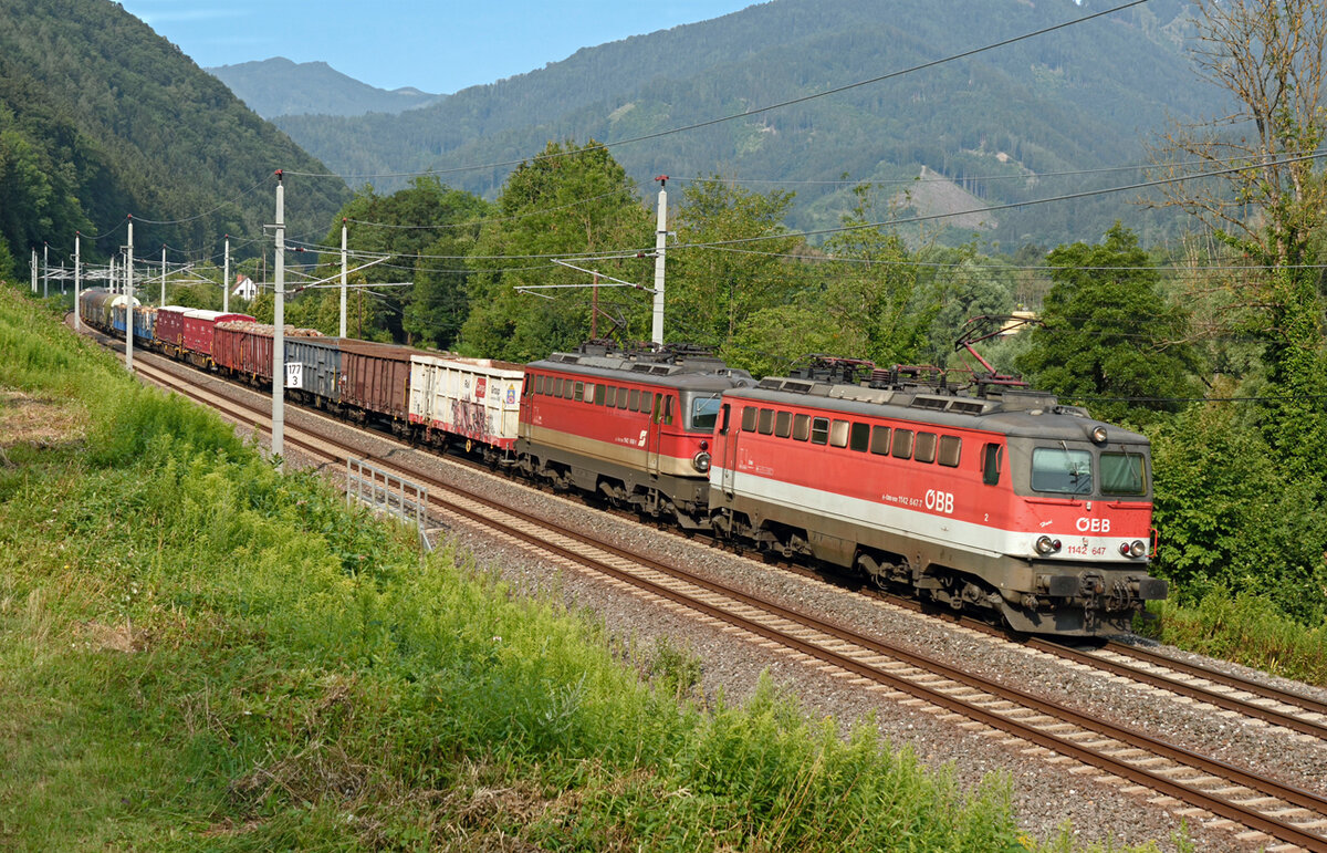 Oldies but Goldies, auch im Jahr 2022 gibt es noch Tandems der Baureihe 1142, so auch am  am Morgen des 23. Juli als die 1142 647 und die 1142 668 den RCA-Zug 54970 von Graz Verschiebebahnhof nach Linz Verschiebebahnhof bespannten und von mir   zwischen Frohnleiten und Mixnitz fotografiert wurden. Letzters Triebfahrzeug die 1142 668 wurde in den letzten Wochen vom aktiven Dienst abgezogen und in der Produktion Graz abgestellt.