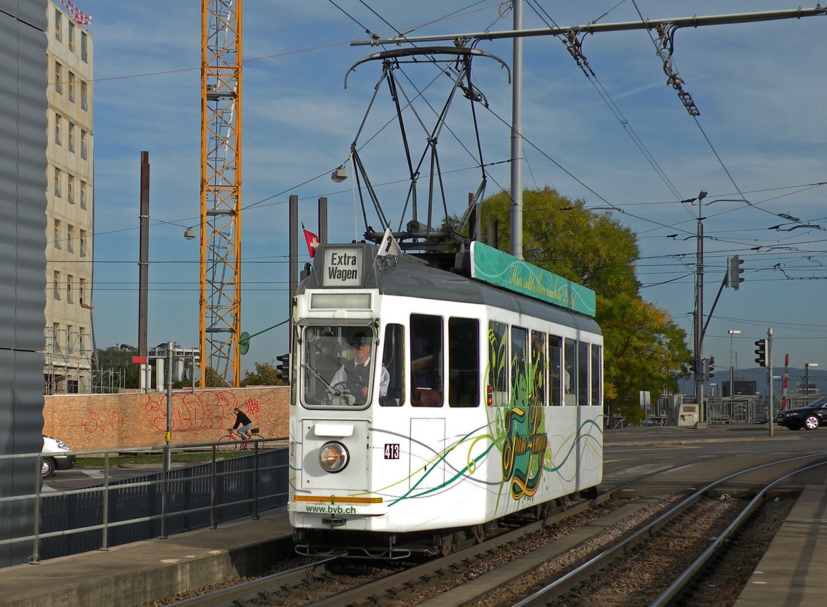 Oldtimer Be 4/4 413 unterwegs auf einer Extrafahrt Richtung Bahnhof SBB. Die Aufnahme stammt vom 19.10.2013.