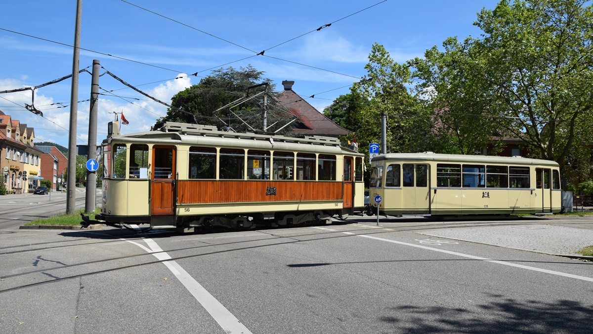 Oldtimer Tram Nr. 56 und einen historischen Beiwagen Nr. 135 - Die Aufnahme wurde am 01.06.2019 entstanden.