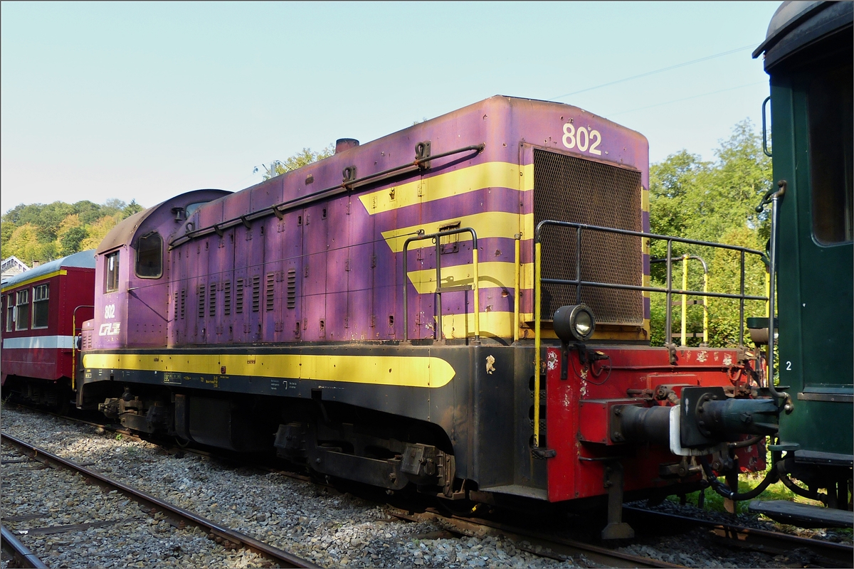 Oldtimerlok CFL 802 im Besitz des PFT, eingereiht in einem Wagenzug im Bahnhof von Dorinne – Durnal. 19.09.2020