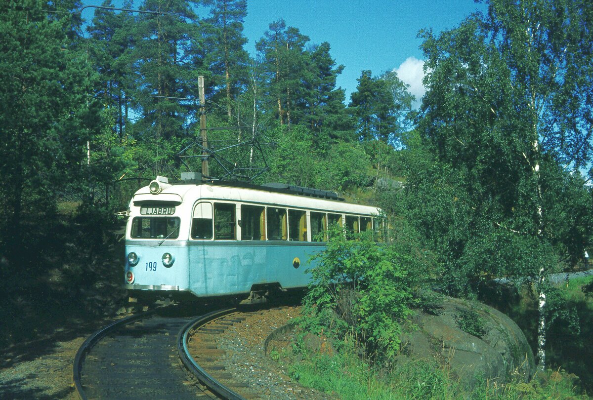 Oslo 22-08-1979 Ekebergbahn Wendeschleife im Wald Tw 198