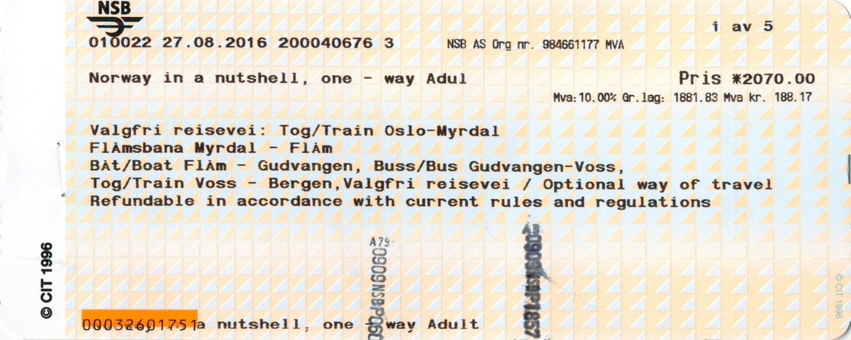 OSLO (Provinz Oslo), 09.09.2016, Norway in a nutshell - sinngemäß auf deutsch: Norwegen in Kürze; unter diesem Motto vermarktet die norwegische Staatsbahn unter anderem eine der beliebtesten Touristenattraktion Norwegens, die Fahrt zwischen den beiden größten Städten Norwegens, Oslo und Bergen; unser Weg führte mit der Bahn von Oslo bis Myrdal auf der Bergenbahn, von Myrdal nach Flåm mit der Flåmsbahn, von Flåm mit dem Schiff durch Aurland- und Nærøyfjord bis Gudvangen, von dort bis Voss mit dem Bus und ab Voss wieder auf der Bergenbahn bis Bergen; das alles für 2070 NOK (ca. 190 EUR) -- Fahrkarte eingescannt
