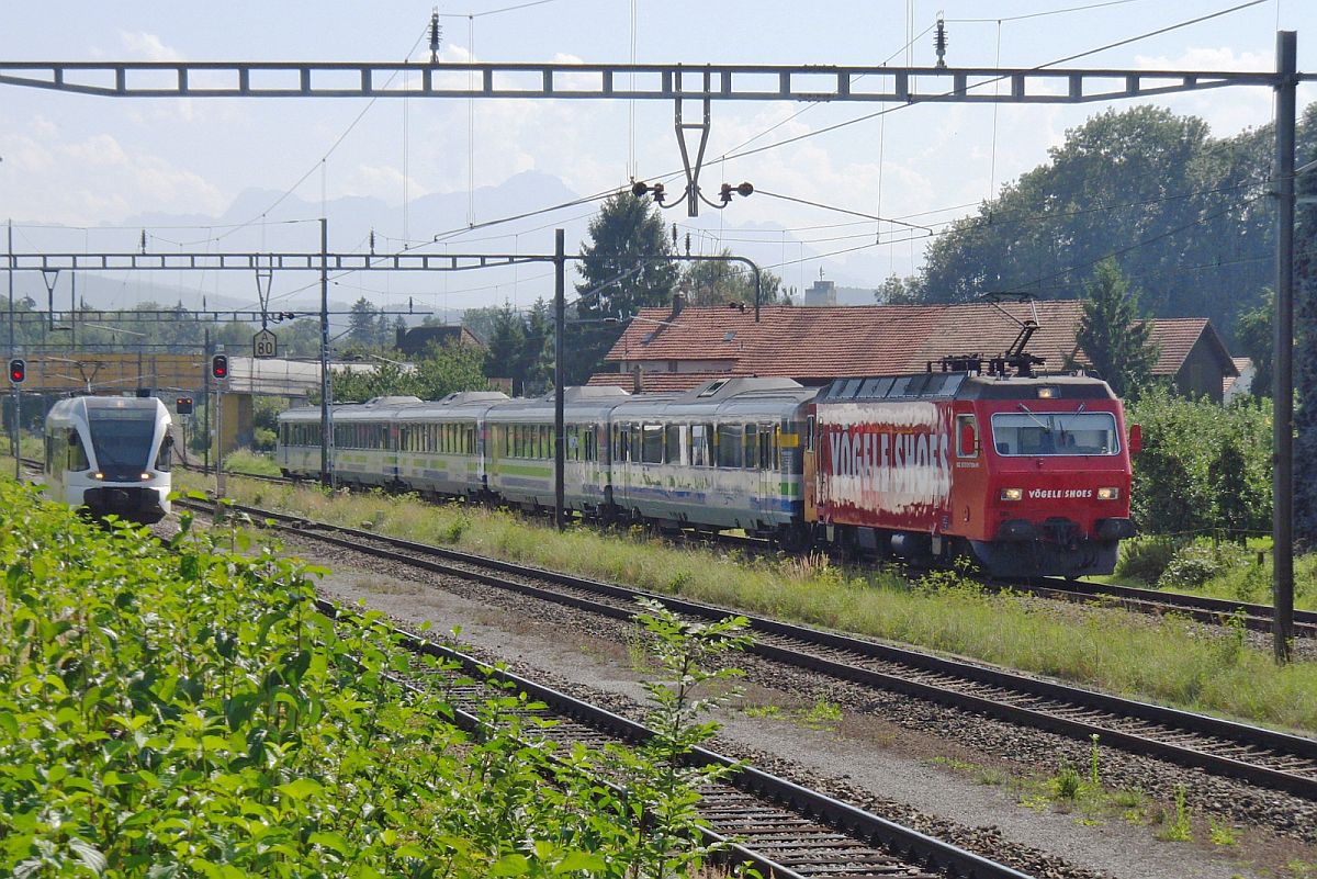 Paralleleinfahrt in den Bahnhof von Romanshorn am 20.08.2011. Auf der Seite der Lok und des ersten Wagens des IR 2419 von Luzern spiegelt sich S8 23860 von Rorschach.