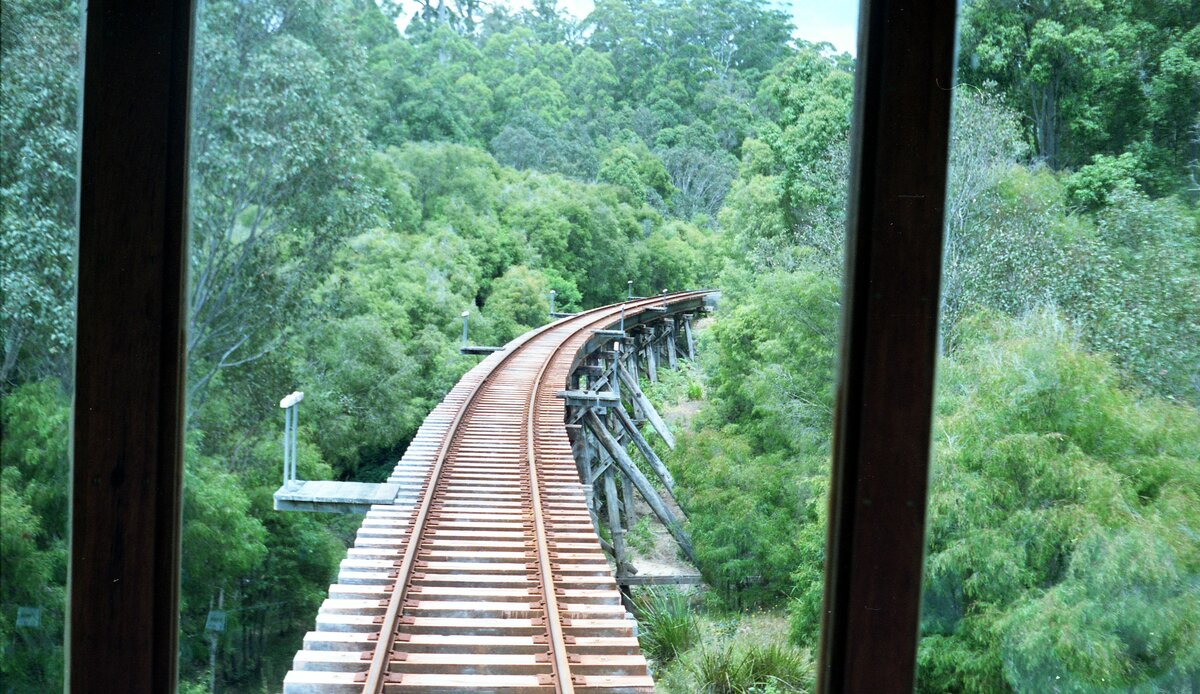 Pemberton (Northcliffe)-Tram, West-Australien__So ähnlich mag die  Brücke am Kwai  ausgesehen haben (nur wesentlich größer). Die Strecke führt durch dichte Wälder mit riesigen Karri- und Marri-Bäumen die teils über 60 Meter hoch wachsen.__16-01-1989 