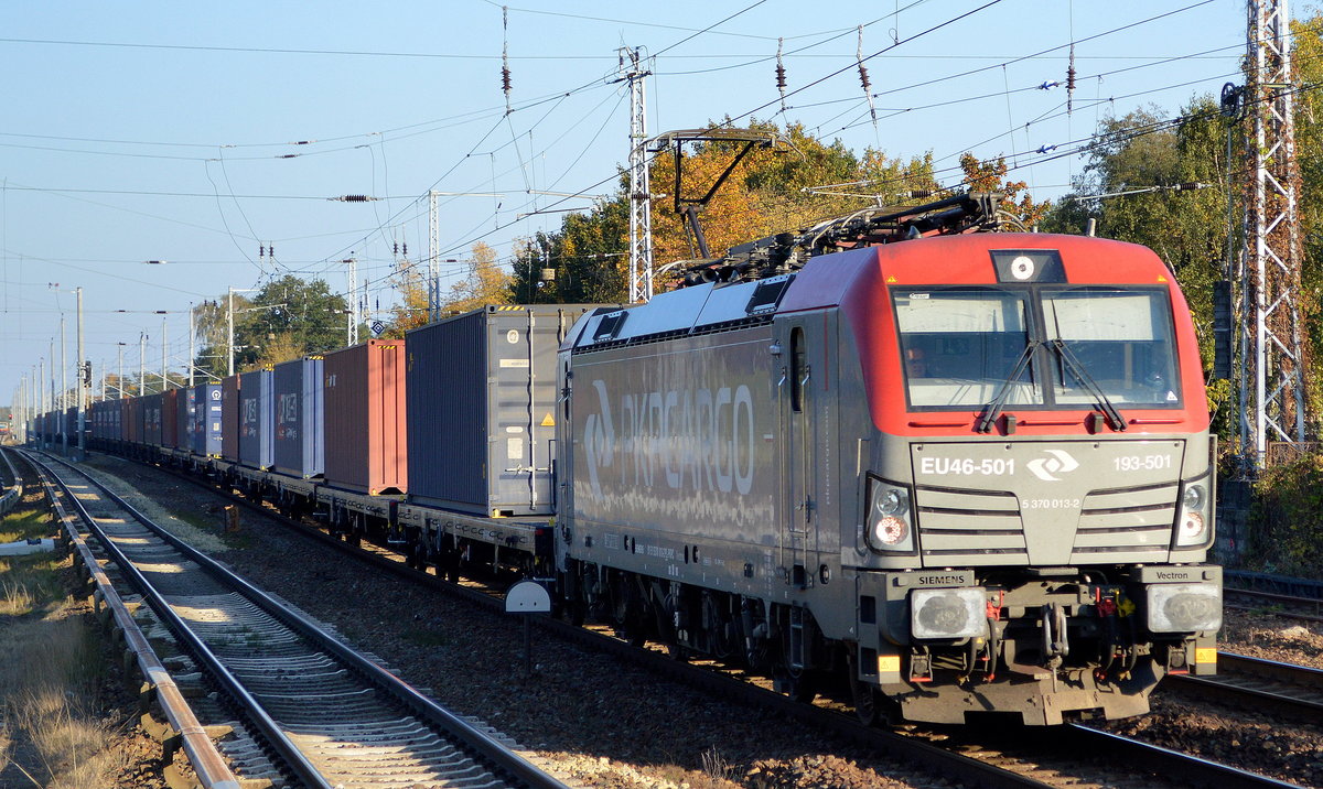 PKP CARGO S.A mit   EU46-501  [NVR-Number: 91 51 5370 013-2 PL-PKPC] und Containerzug am 11.10.18 Berlin-Hirschgarten.