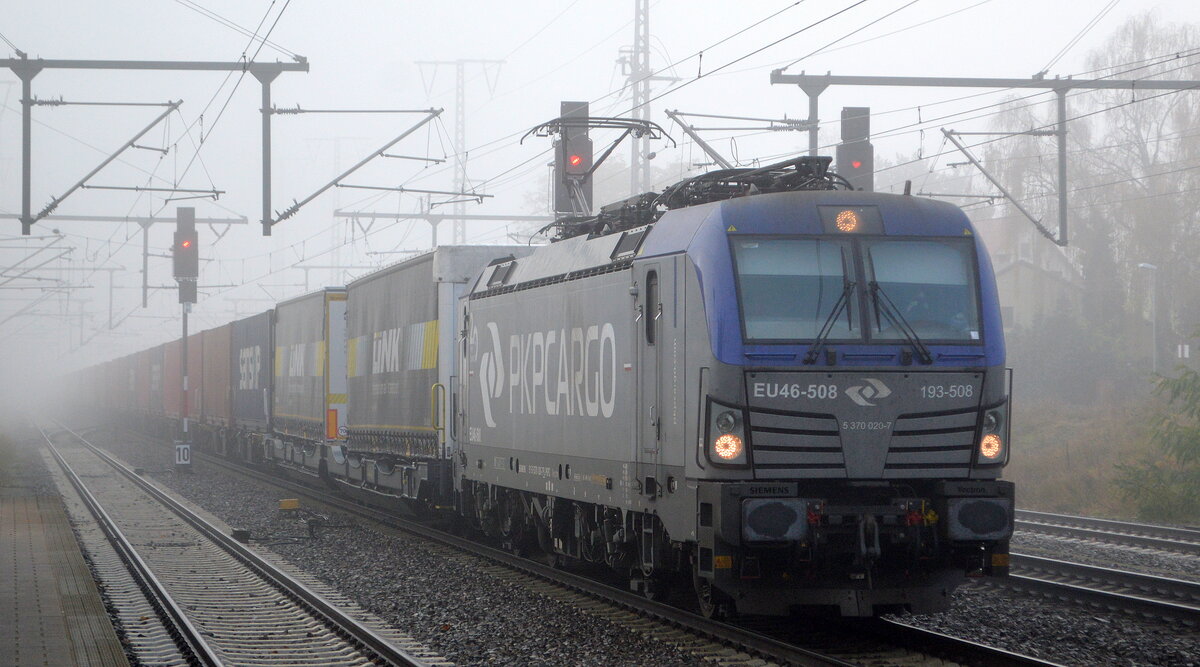 PKP CARGO S.A., Warszawa [PL] mit  EU46-508  [NVR-Nummer: 91 51 5370 020-7 PL-PKPC] und KLV-Zug aus einer Nebelwand kommend am 11.11.21 Durchfahrt Bf. Golm Richtung Polen.