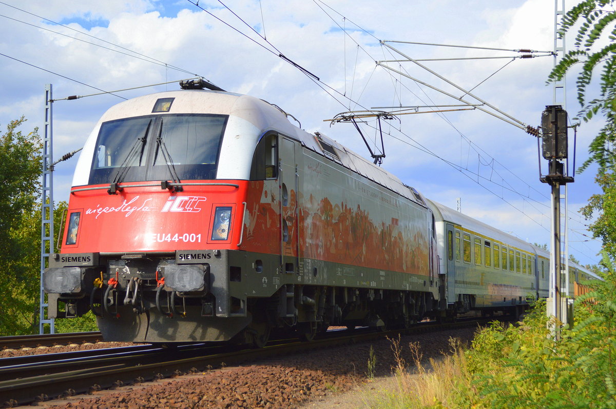 PKP Intercity spółka z o.o mit EU44-001 (91 51 5 370 001-7 PL-PKPIC) und EC nach Warschau am 12.09.18 Berlin-Wuhlheide.