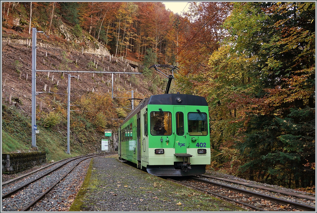 Plambuit - einer der zur Zeit zahlreichen ASD Endstationen... Unstabiles Gelände hat schon vor einiger Zeit die Strecke zwischen Exergilloud und Le Sépey (bzw. Les Planches) unterbrochen und nun hat die Forstwirtschaft beschlossen zwischen Plambuit und Exergilloud Waldarbeiten durchzuführen und dafür sicherheitshalber auch diesen Streckenabschnitt zeitweise gesperrt zu sperren. Plambuit ist ein kleiner Weiler weit weg vom Bahnhof mit sechs Bus-Verbindungen von Ollon und so gibt es am Bahnhof von Plambuit nichts, ausser viel Wald, und den ASD BDe 4/4 4/4 402, der auf die Rückfahrt nach Aigle wartet.

5. November 2021