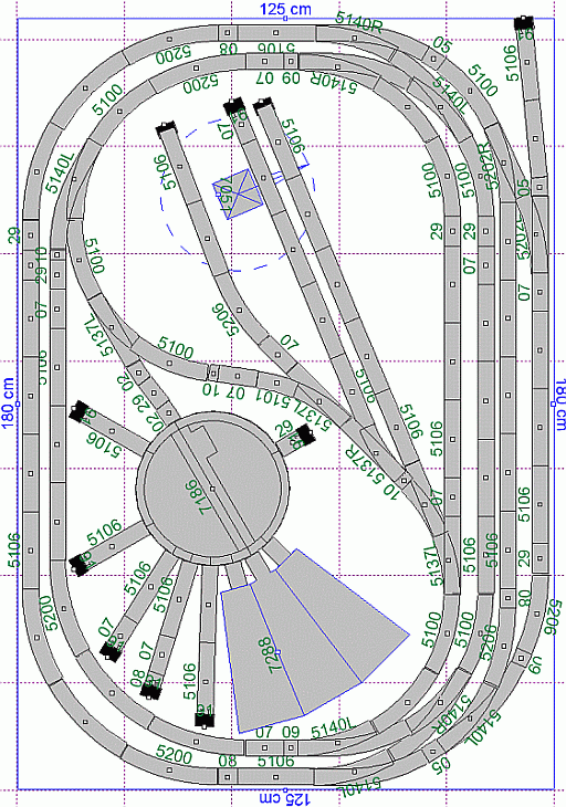 Plan einer kleinen M-Gleis-Anlage (1,80x1,25m²) mit zwei unabhängigen Ovalen, auf denen jeweils zwei Züge abwechselnd verkehren können, sowie mit vielen Spielmöglichkeiten in der Mitte mit Drehscheibe, Abstellgleisen, Kran.
Den Plan habe ich am 10.12.2013 gezeichnet.