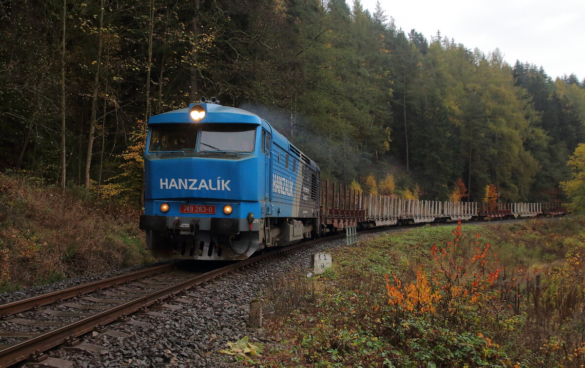 Pn 54130 von Sokolov nach Rotava kurz vor Einfahrt in Olovi am 26.10.2022 mit der 749 262 und mehreren leeren Rungenwagen. 