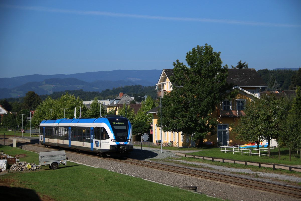 Pölfing Brunn am 30.August 2015. 5063.08-9 als R8588 verlässt die Halte und Ladestelle pünktlichst Richtung Graz.