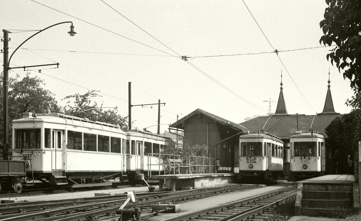Pöstlingbergbahn Linz__Tw XIII, XVII, XVIII und ?? im Talbahnhof Urfahr.__28-07-1975
