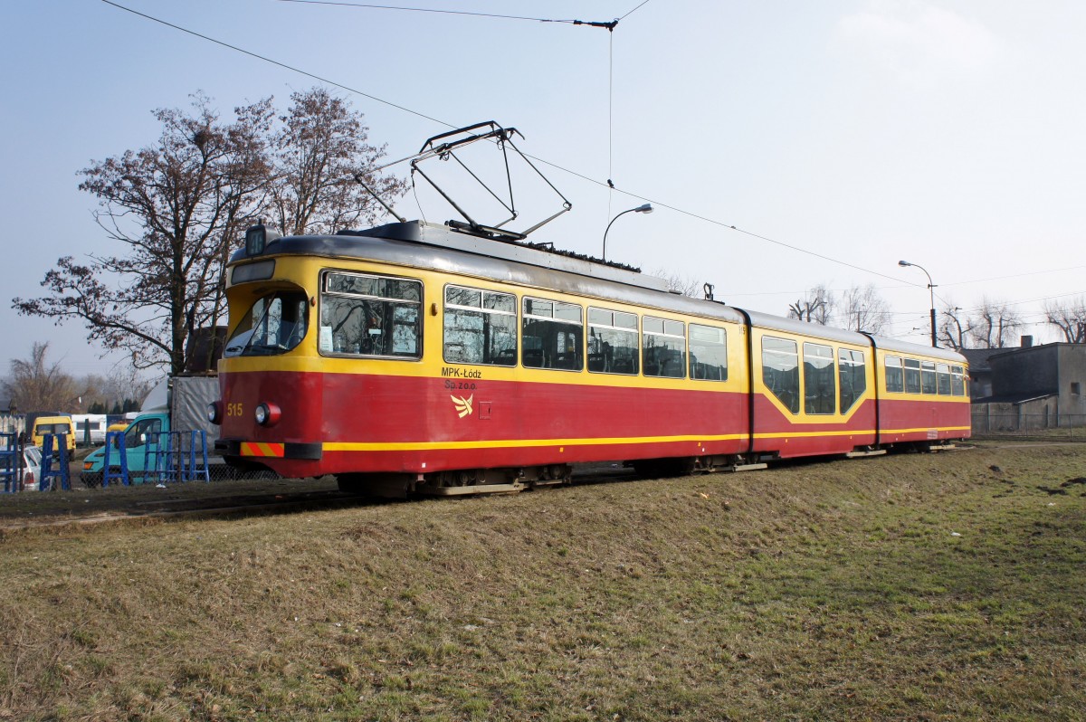 Polen / Straßenbahn Lodz: Duewag GT8NF - Wagen 515 (ex Rhein-Neckar, ex MKT Lodz) aufgenommen im März 2015 an der Endstelle der Überlandstraßenbahn  Ozorków (Cegielniana)  in Ozorków. 