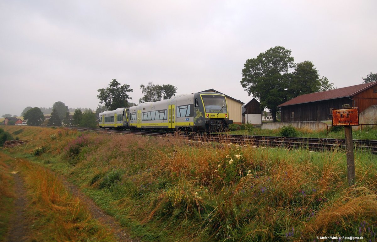 Poppenreuth bei Münchberg am 22.07.2016. Ein doppelter Agilis 650 fährt nach Süden in Richtung der Schiefen Ebene. Zugziel ist Lichtenfels.... Man beachte das alte Schild rechts...