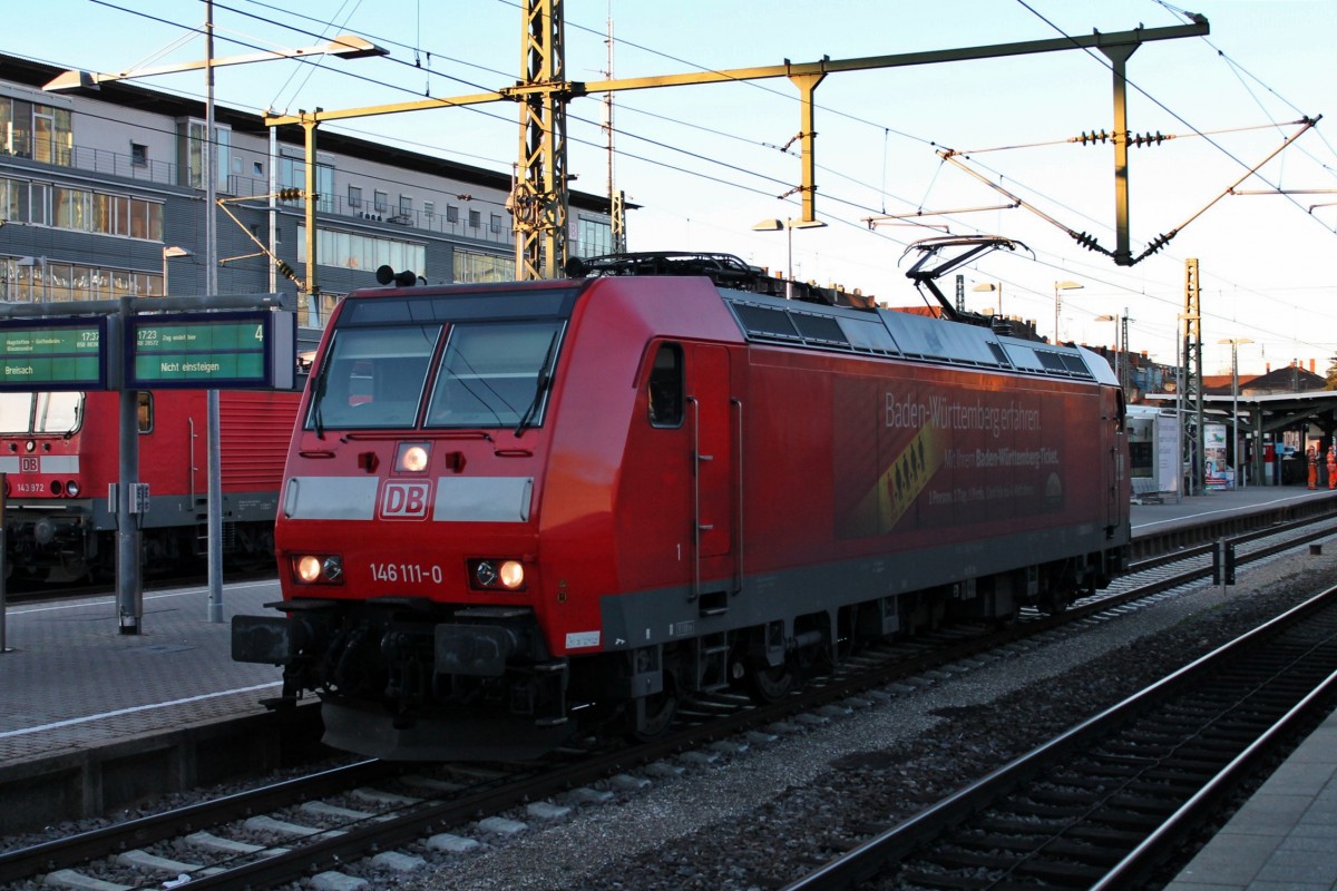 Portrait von 146 111-0  Baden-Württemberg erfahren  am 23.02.2014 in Freiburg (Brsg) Hbf, als sie von ihrem Zug in Richtung Betriebshof rangiert.