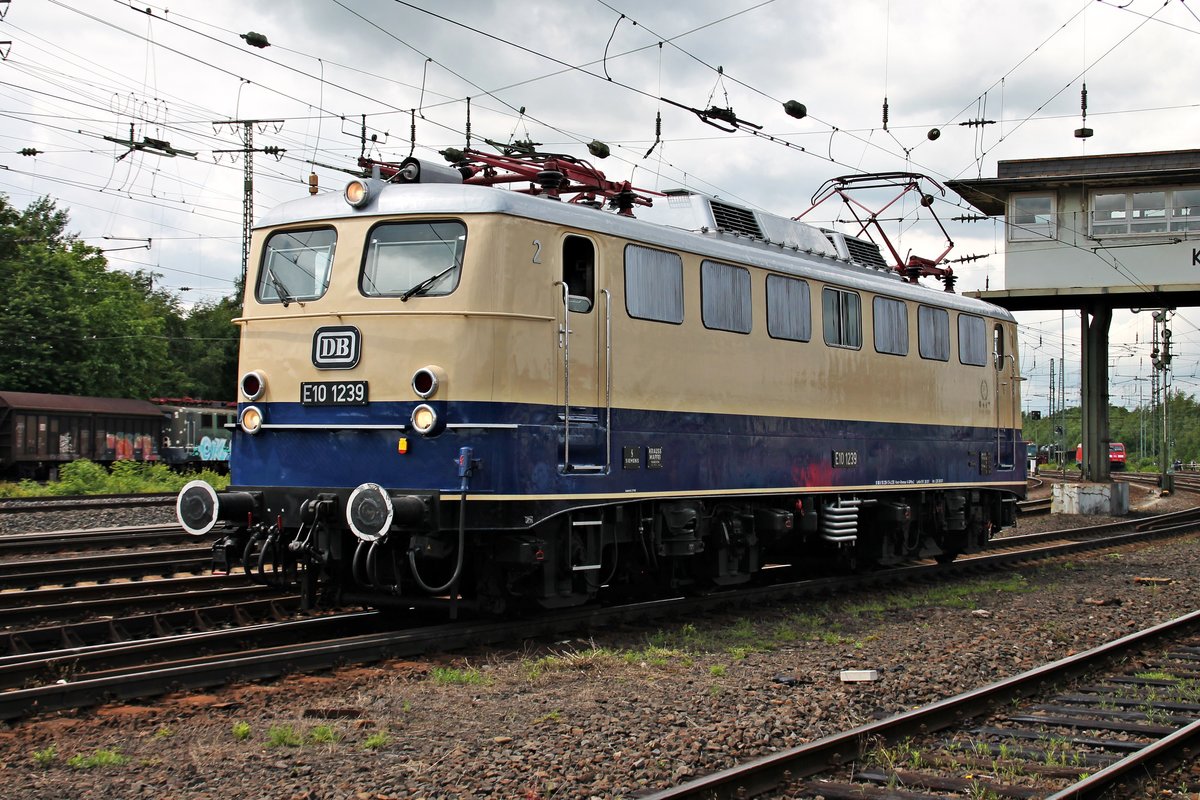 Portrait der E10 1239 vom Lokomotivclub 103 e.V. am 18.06.2016, als diese ebenfalls an der Fahrzeugparade des Sommerfestes vom DB Museum in Koblenz Lützel teilnahm und hier sich den vielen Zuschauern zeigte.