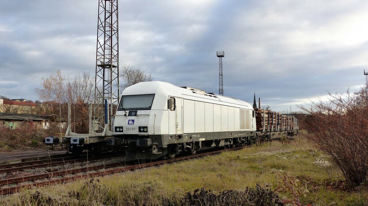 PRESS ER 20, 223 157 ( 9280 1223 157-9 D-PRESS ) beim beladen eines Holzzuges im Holzbahnhof Gera am 24.11.2022