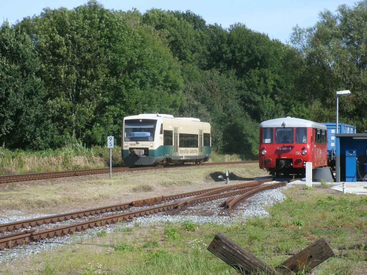 PRESS VT650 032 fuhr,am 24.August 2013,am abgestellten Motorwagen 172 001,vom Neustrelitzer Hafen e.V. in den Bahnhof Putbus.
