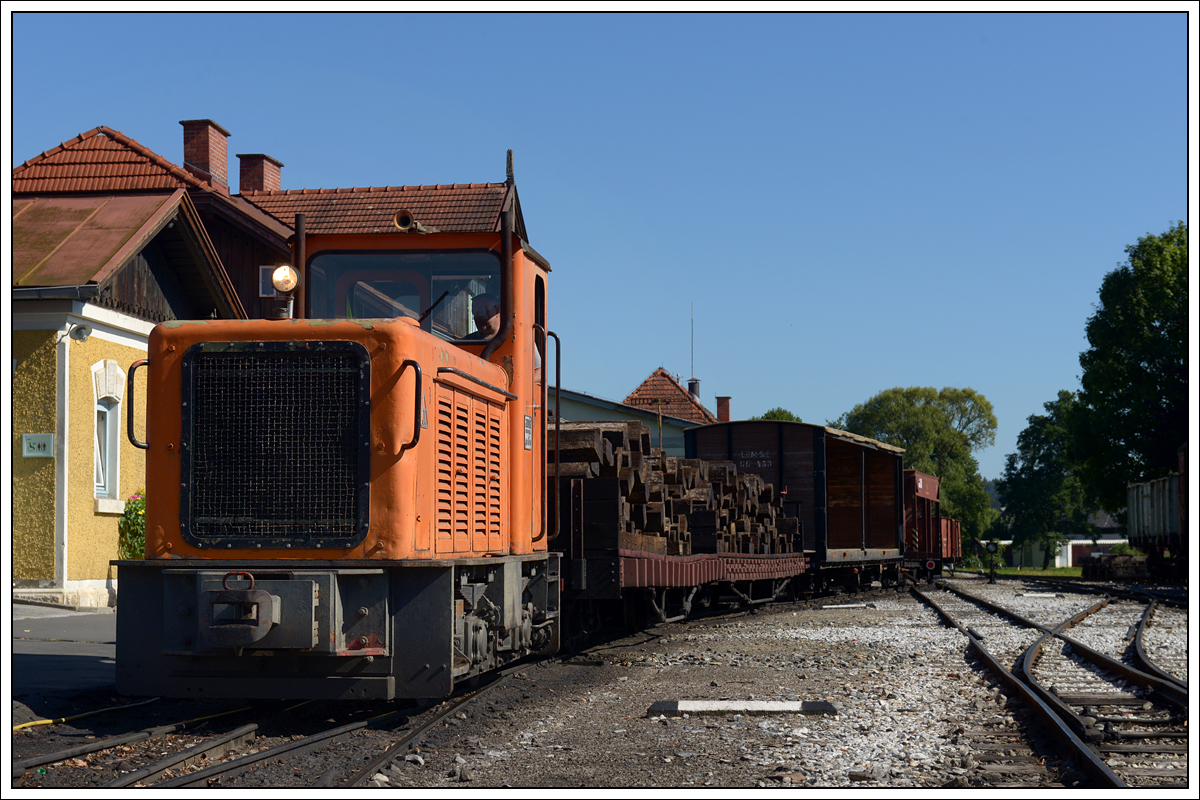 Probefahrt mit VL8 (ex. StLB, seit heuer im Privatbesitz) auf der Stainzer Lokalbahn am 18.8.2019. (Bahnhof Stainz)