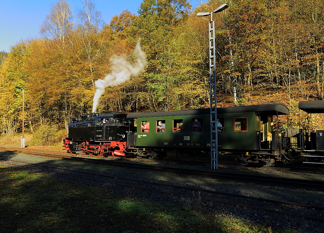 Pünktlich auf die Minute ist 99 6001 am 19.10.2014 gerade im Haltepunkt Mägdesprung eingefahren. Hier steht die erst Rangieraufgabe an. Die drei am Zug befindlichen Güterwagen werden auf dem Abstellgleis hinterstellt, um später von 99 5906, welche ihre Güterwagen mit dem anderen Sonderzug im Bahnhof Harzgerode abgestellt hat, wieder abgeholt zu werden. Danach wird sie wieder nach Alexisbad zurückfahren, um ihren Zug mit dem von 99 6001, welcher dann bereits die abgestellten Wagen aus Harzgerode abgeholt hat, zu vereinigen.