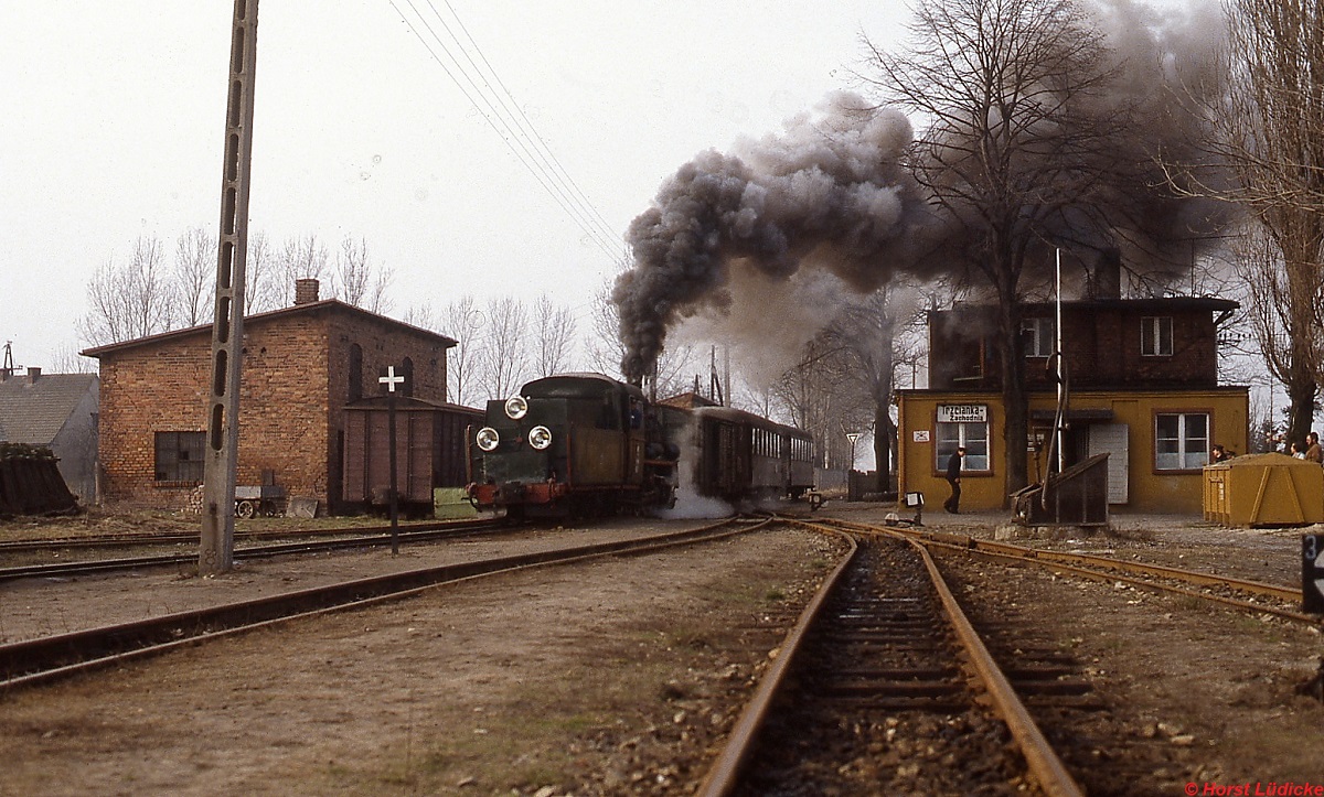 Px 48 1902 fährt im Februar 1989 in den Bahnhof Trzcianka der Schmalspurbahn Opalenica - Nowy Tomisl ein. Das kleine rechteckige Schild neben dem Fenster am Bahnhofsgebäude zeigte übrigens einen durchgestrichenen Fotoapparat. Für diese Sonderfahrt lag allerdings eine Fotoerlaubnis vor. Diese Verbotsschilder hingen damals nicht nur an Bahnhofsgebäuden, Lokschuppen, Wassertürmen etc., sondern auch an öffentlichen Gebäuden wie Rathäusern oder Postämtern. Ein Jahr später waren sie fast vollständig verschwunden und wurden uns als Souvenirs zum Kauf angeboten.
