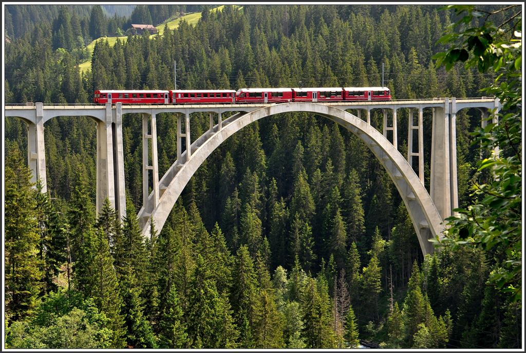 R1449 mit ABe 8/12 auf dem Langwieser Viadukt.(11.06.2015)