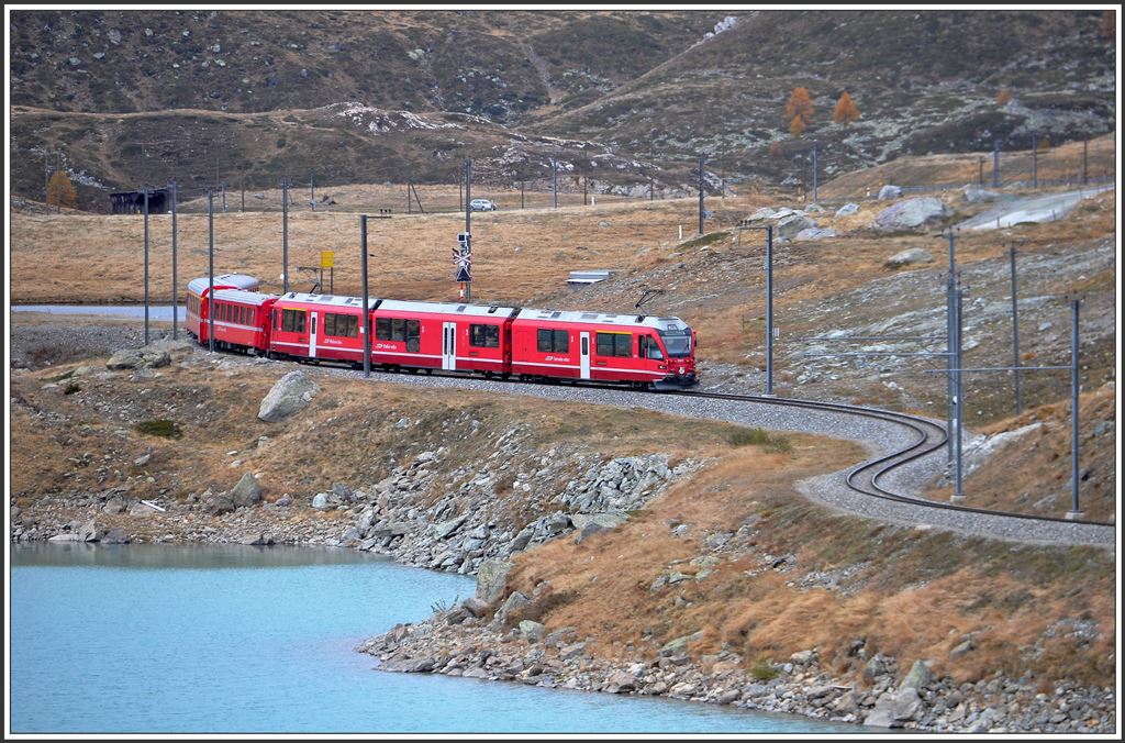 R1633 mit ABe 8/12 3509 hat soeben die Wasserscheide am Bernina passiert und schlängelt sich jetzt dem Lago Bianco entlang nach Ospizio Bernina. (07.10.2015) 