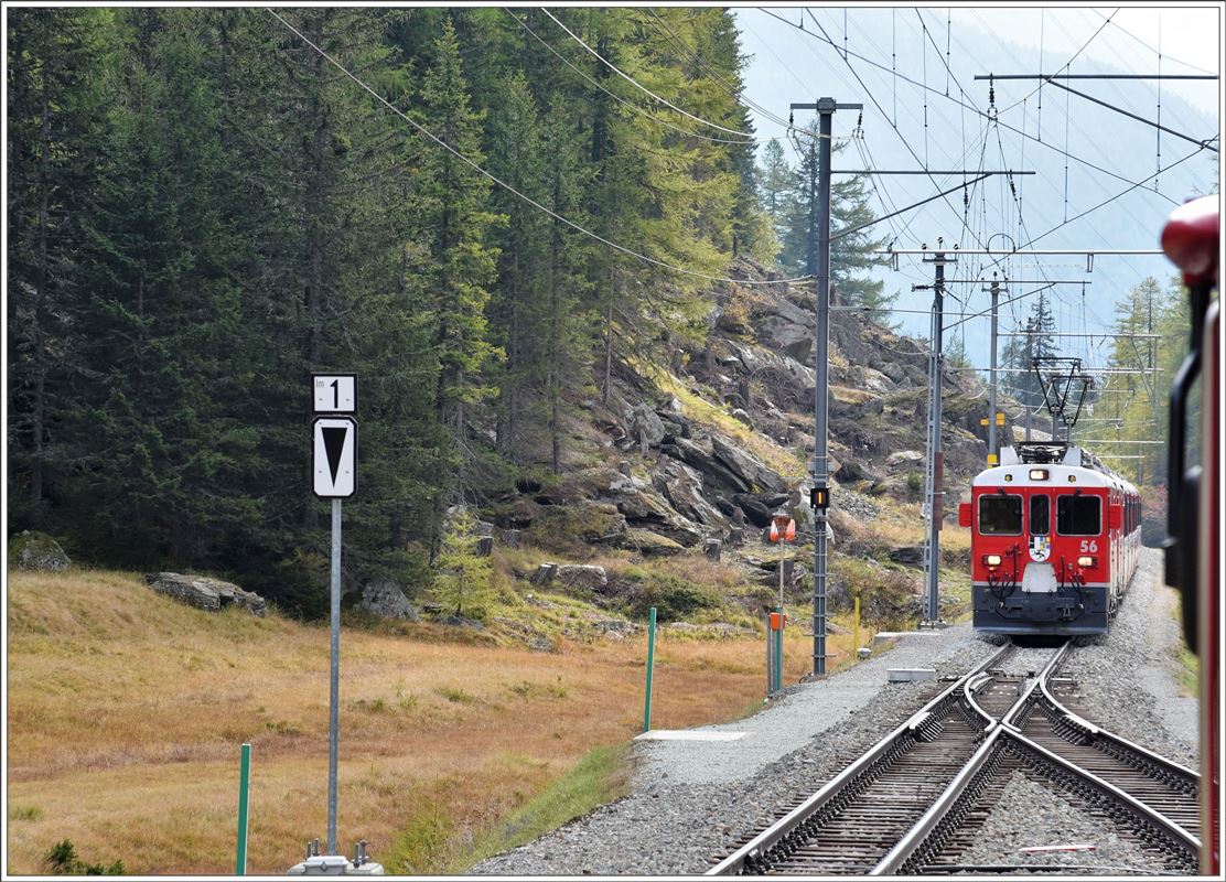 R1640 mit ABe 4/4 II 56  Corviglia  und 54  Hakone  in Cavaglia. (09.10.2016)