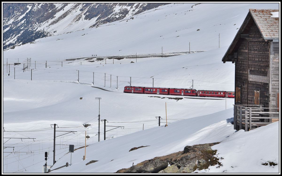 R4640 mit ABe 8/12 3515 zwischen Ospizio Bernina und Bernina Lagalb. (17.04.2019)