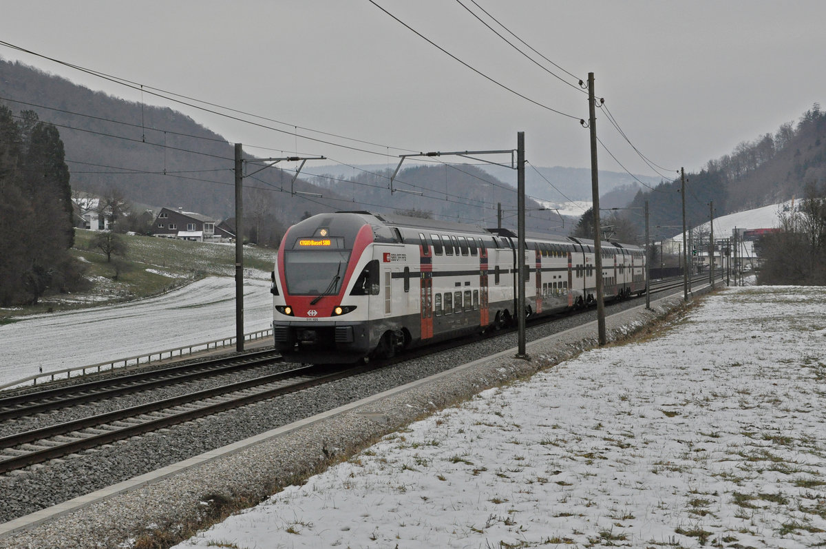 RABe 511 105, unterwegs als TGV Ersatz, fährt Richtung Bahnhof Gelterkinden. Die Aufnahme stammt vom 11.01.2021.