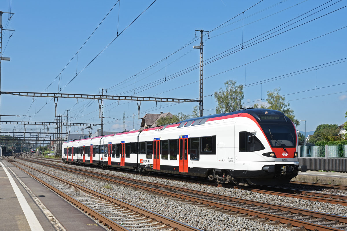 RABe 521 027, auf der S26, durchfährt den Bahnhof Rupperswil. Die Aufnahme stammt vom 03.09.2019.