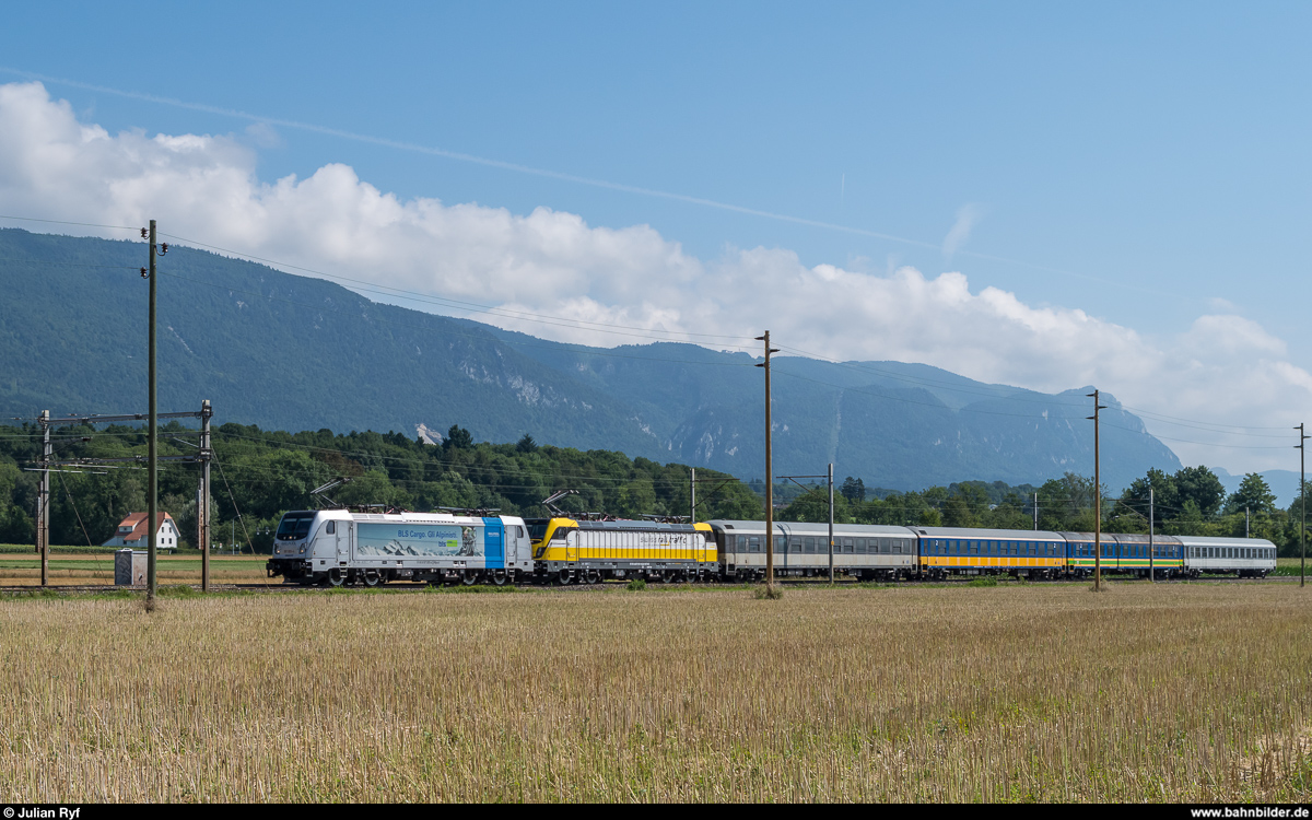 Railpool 187 005 und SRT Rem 487 001 am 21. Juli 2017 auf Messfahrt zwischen Selzach und Bettlach.