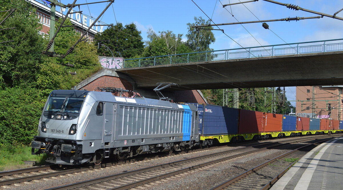 Railpool  187 349-6  [NVR-Nummer: 91 80 6187 349-6 D-Rpool], aktueller Mieter? verlässt mit Containerzug den Hamburger Hafen am 25.08.21 Durchfahrt BF. Hamburg-Harburg.