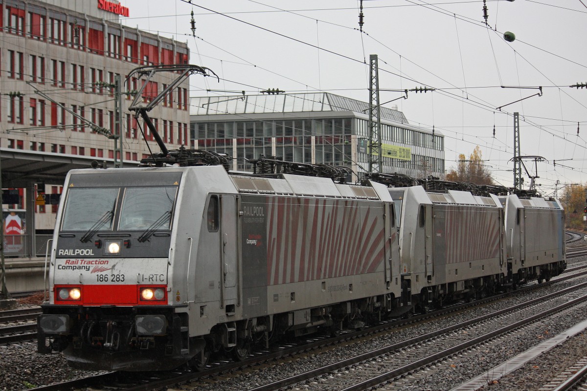 Railpool/Lokomotion 186 283+Railpool/Lokomotion 186 284+Railpool/Lokomotion 186 288 am 10.11.13 als Lokzug in Mnchen-Heimeranplatz.