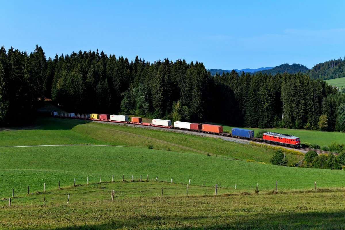 Rasch wurde der Standort gewechselt, denn auch in der Gegenrichtung kam der Umleitungsverkehr wieder ins Rollen. Glücklicherweise gibt es zwischen Harbatshofen und Heimhofen einige Motivmöglichkeiten, die fußläufig erreichbar sind. Bald kam auch schon der EZ 45197 von Bludenz nach Hall in Tirol aus dem Wald herausgefahren, die Zuglok 232 669 war aufgrund der weißen Pufferumrandung und Zughakenführung leicht zu identifizieren (28. August 2018).