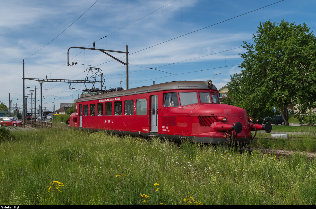 RBe 2/4 202 der OeBB verlässt am 22. Mai 2016 den Bahnhof Oensingen in Richtung Balsthal.