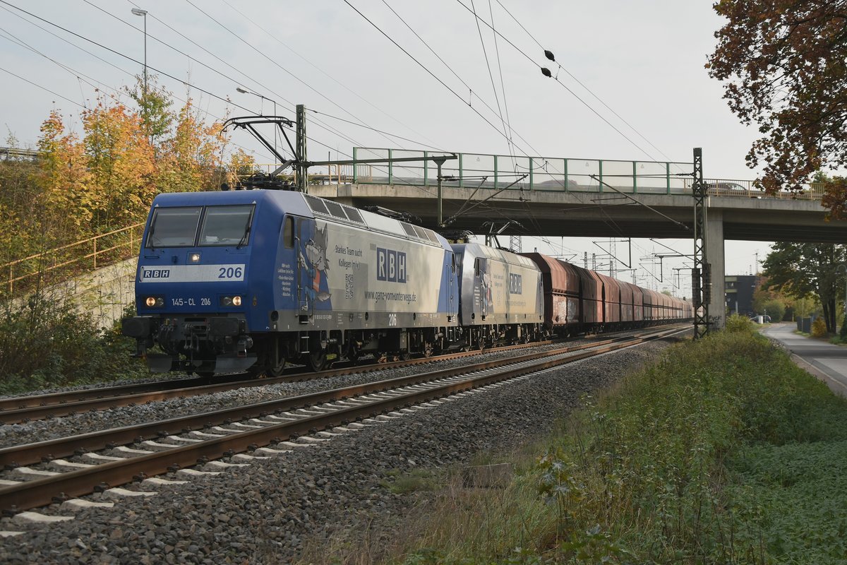 RBH 206 und 205 mit einem leeren Kohlewagenzug in Lintorf gen Wedau fahrend am 19.10.2018