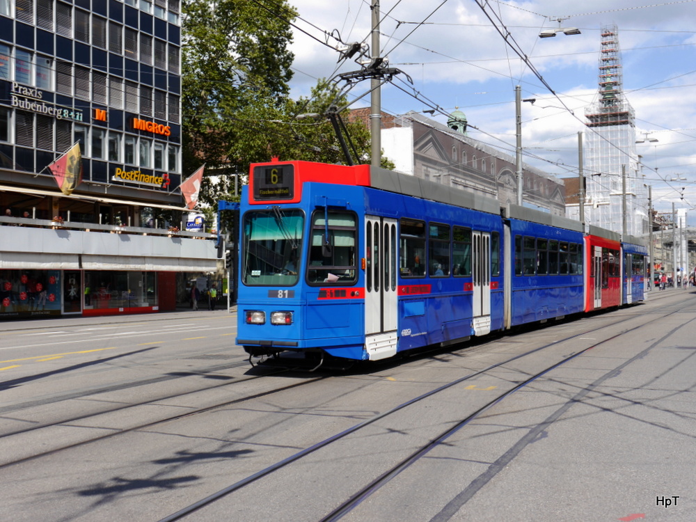 RBS / Bern Mobil - Tram Be 4/10  81 unterwegs auf der Linie 6 in der Stadt Bern am 21.08.2014