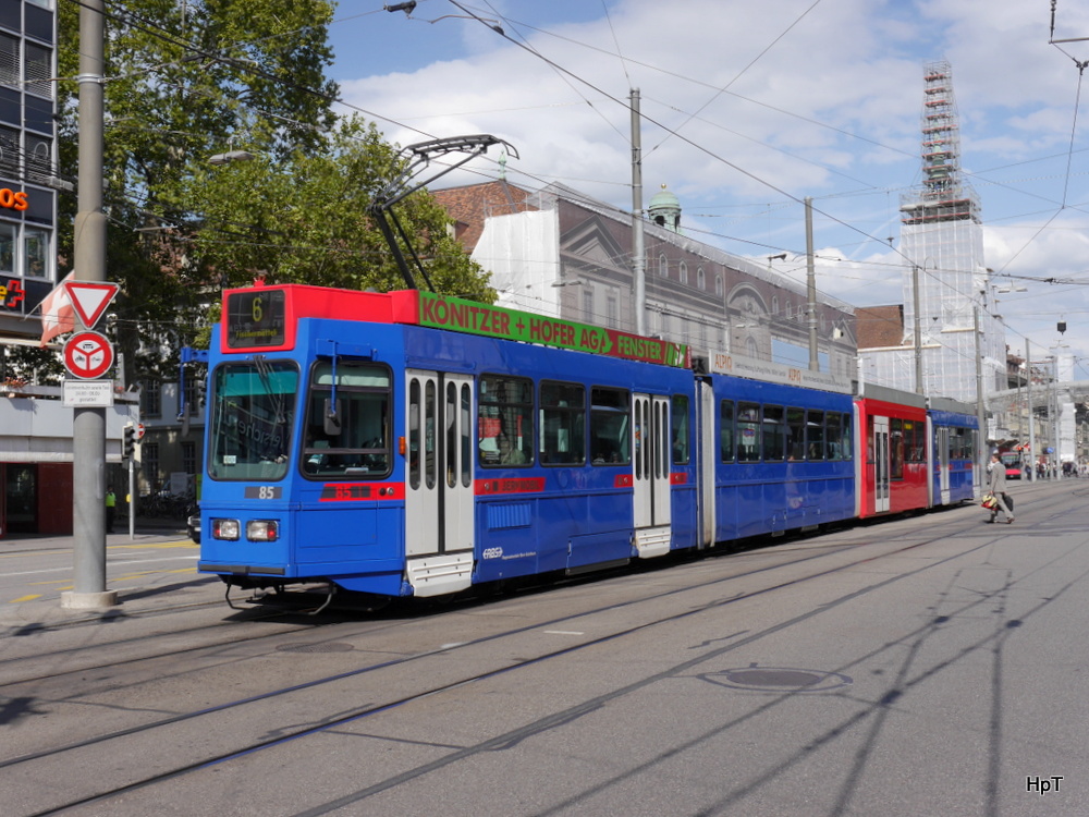 RBS / Bern Mobil - Tram Be 4/10  85 unterwegs auf der Linie 6 in der Stadt Bern am 21.08.2014
