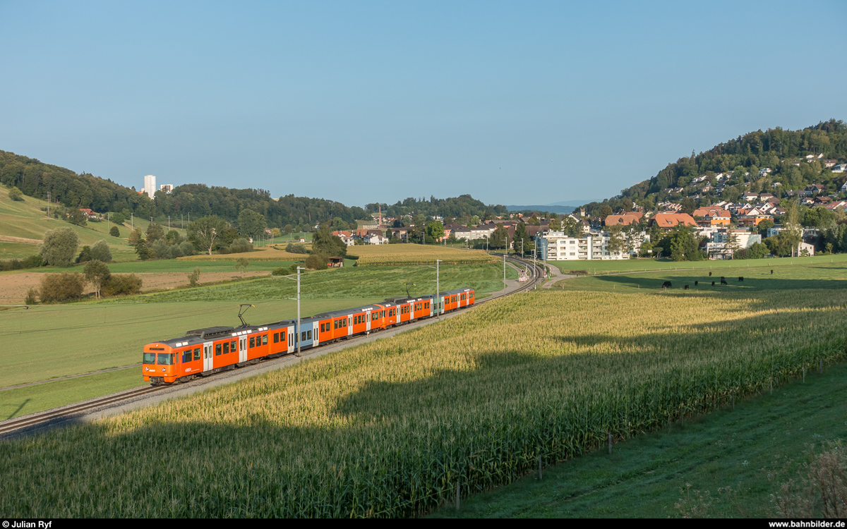 RBS Mandarinli Be 4/12 43 mit Schwesterfahrzeug am 28. August 2018 im Stettlenmoos auf dem Weg nach Worb Dorf.