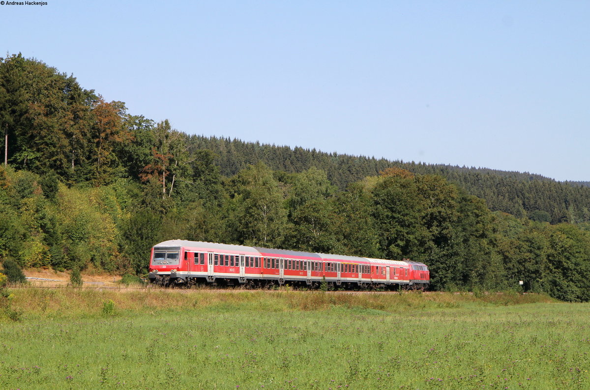 RE 3204 (Ulm Hbf-Donaueschingen) mit Schublok 218 443-0 bei Möhringen 9.8.18