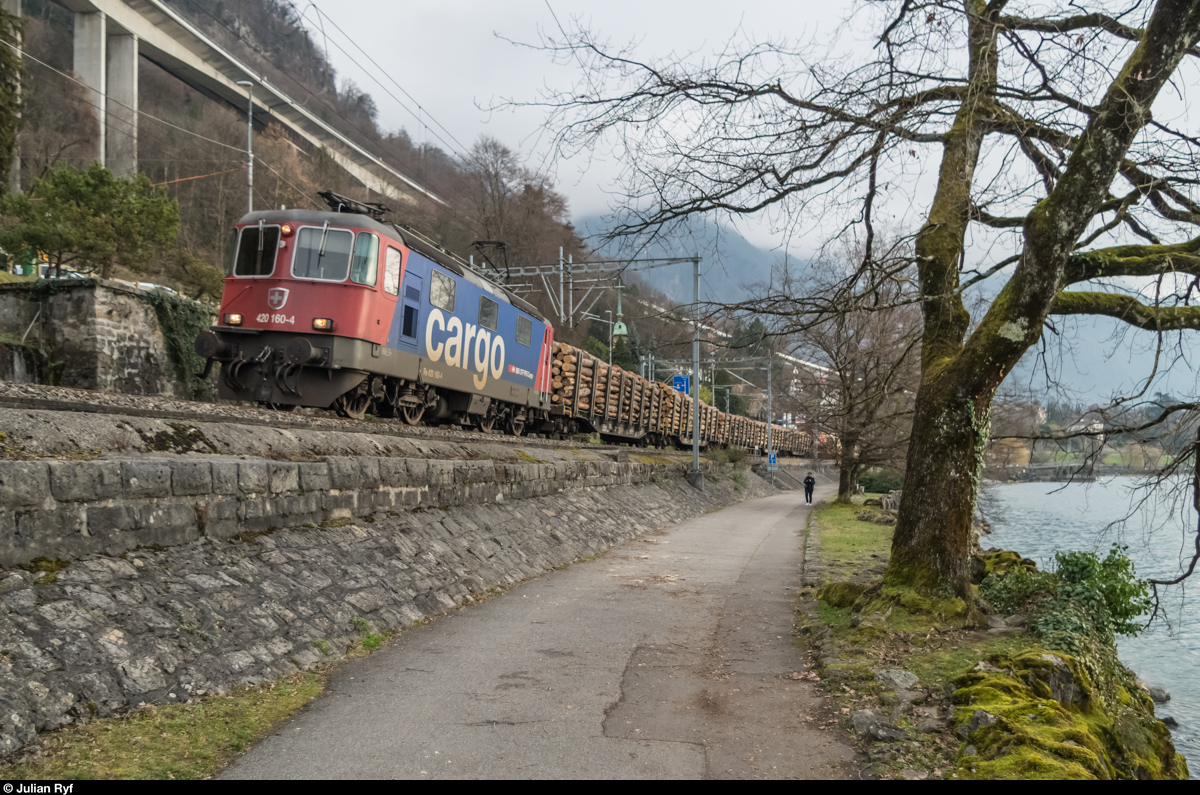 Re 420 160 mit einem gemischten Güterzug bei Veytaux. 17. Februar 2016.