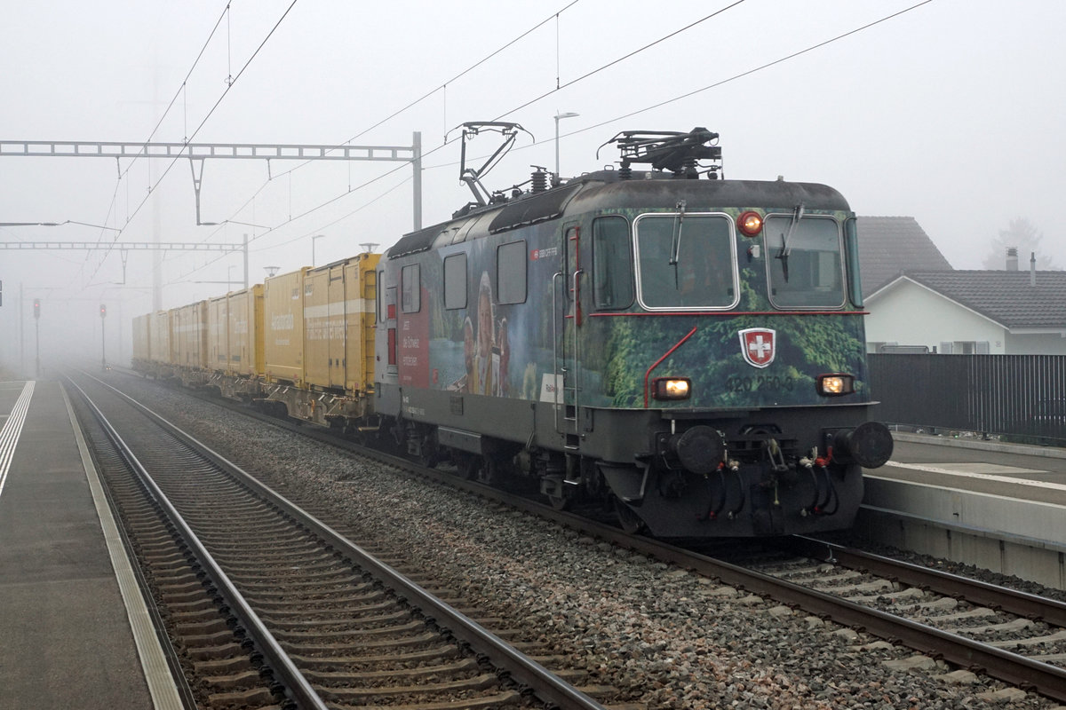 Re 420 250-3 mit einem Postzug beim Kampf durch den dichten Nebel am 18. Dezember 2020 anlässich der Bahnhofsdurchfahrt Islikon.
Besondere Beachtung gilt den beiden verschiedenen Stirnfronten trotz dem gleichen Werbeanstrich.
Foto: Walter Ruetsch