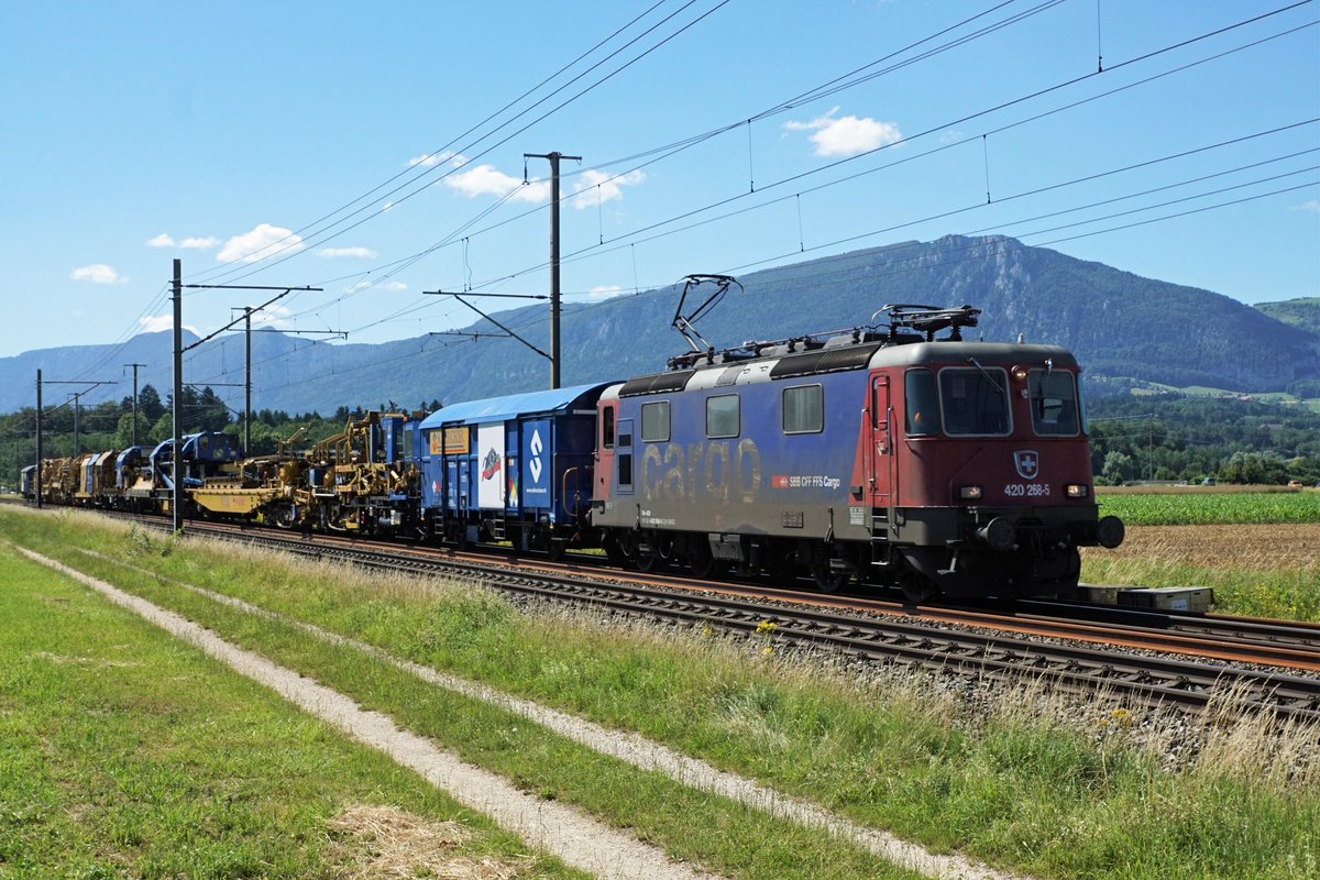 Re 420 268-5 mit einem schweren SCHEUCHZER-BAUZUG bei Deitingen am 30. Juni 2020.
Diese Maschine stand während der Nacht vom Montag den 29.Juni auf den Dienstag den 30. Juni im Raum Solothurn im Einsatz. Der seltene Abtransport konnte leider nur im Gegenlicht fotografiert werden.
Foto: Walter Ruetsch  