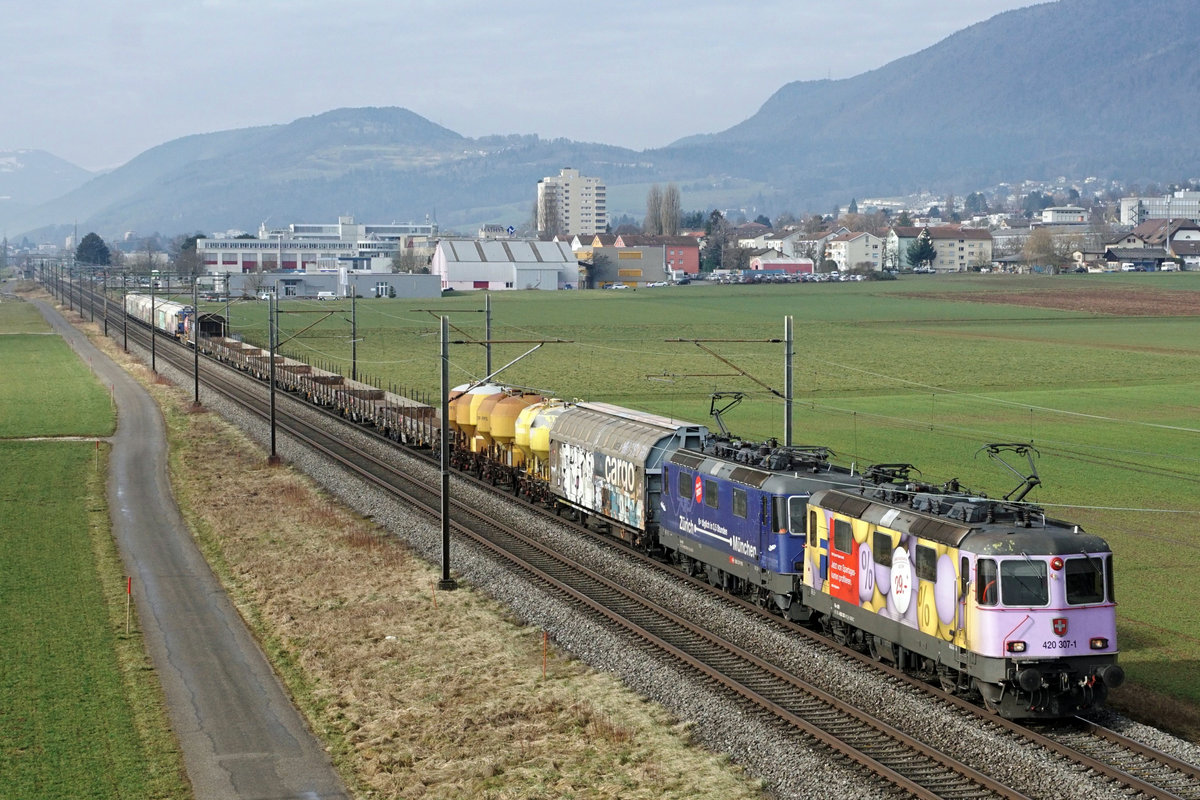 Re 420 307-1 und Re 421 371-6 als bunte Doppeltraktion bei Selzach am 19. Februar 2021.
Foto: Walter Ruetsch