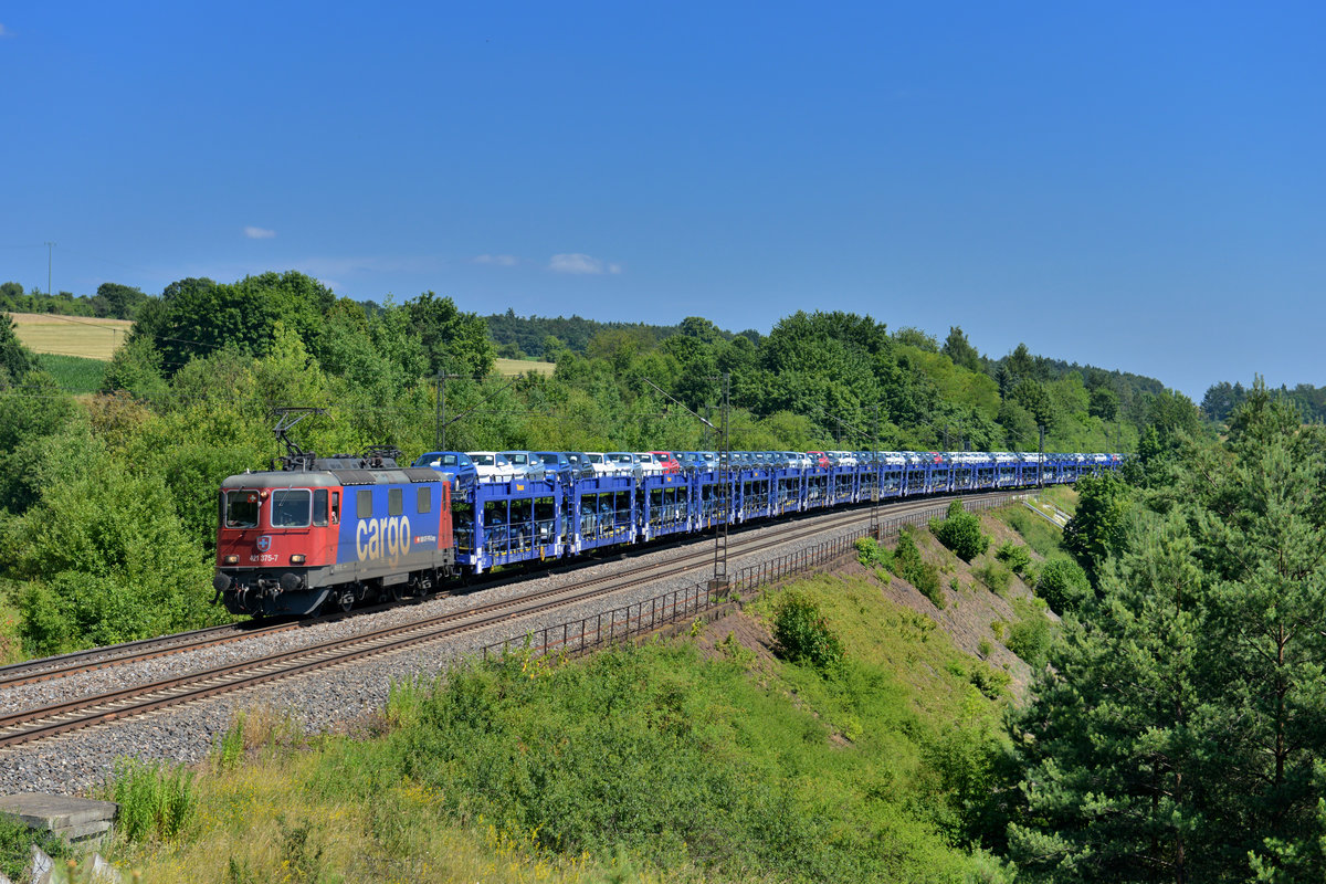 Re 421 375 mit einem Autozug am 16.07.2013 bei Laaber. 