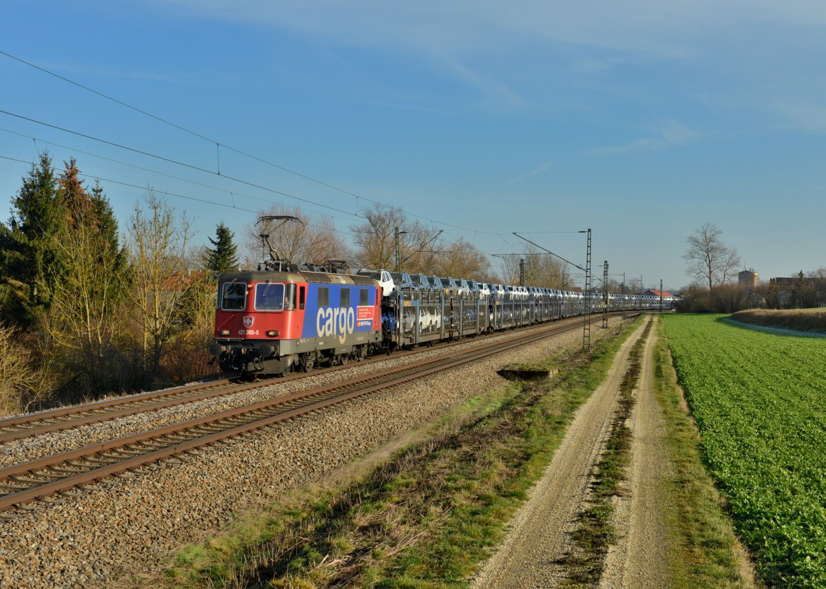 Re 421 395 mit einem Autozug am 28.12.2015 bei Langenisarhofen. 