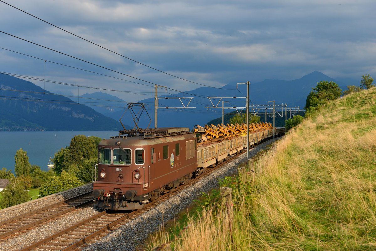 Re 425 186 mit einem Bauzug am 30.08.2013 bei Einigen.